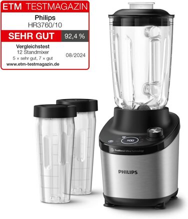 Philips Blender 7000 Series - 1500 Watt, 2 Liter, ProBlend Ultra Technology, Quick Select Programs, HomeID Recipes, Quick Clean Function, 2 Tritan Cups (HR3760/10)