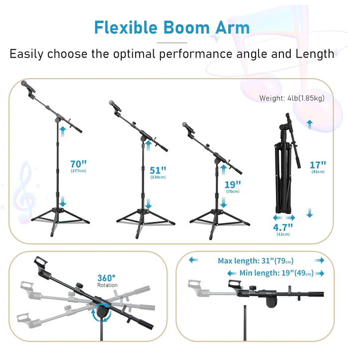 Підставка для мікрофона GUITTO з двома тримачами для смартфона/планшета, регульований кріплення, важка основа, для стрімінгу, подкастів, запису та живих виступів (GMS-04)