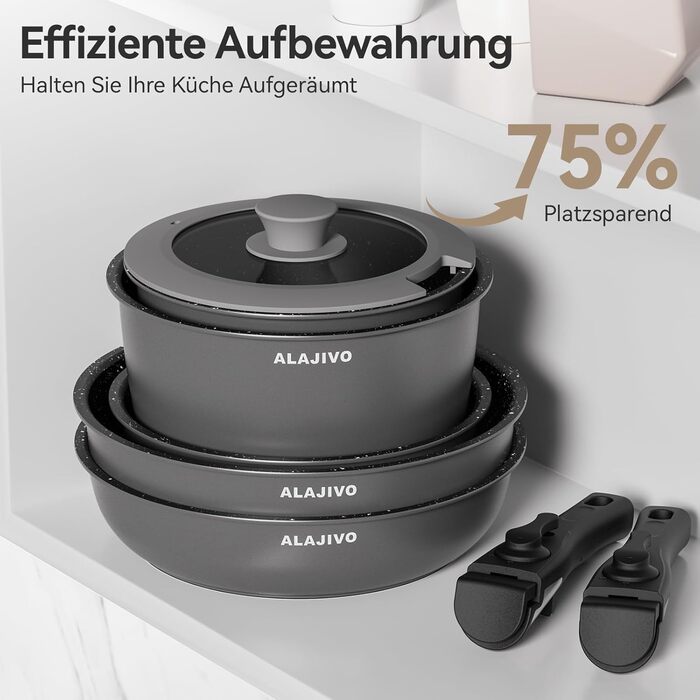 Набір каструль та сковорідок 17 частин з знімним ручками, антипригарне покриття, для всіх типів плит, включаючи індукційні, та духовка, сірий колір