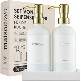 MaisoNovo Soap Dispenser Set - Soap Dispenser Kitchen - 500 ml Amber Bottles, Black Pumps, Glass Pumps, Soap Dispenser Set, 2-Piece Set and Concrete Tray - Dish Soap Dispenser Kitchen (White Glass / Gold Pump + Rectangular Tray)