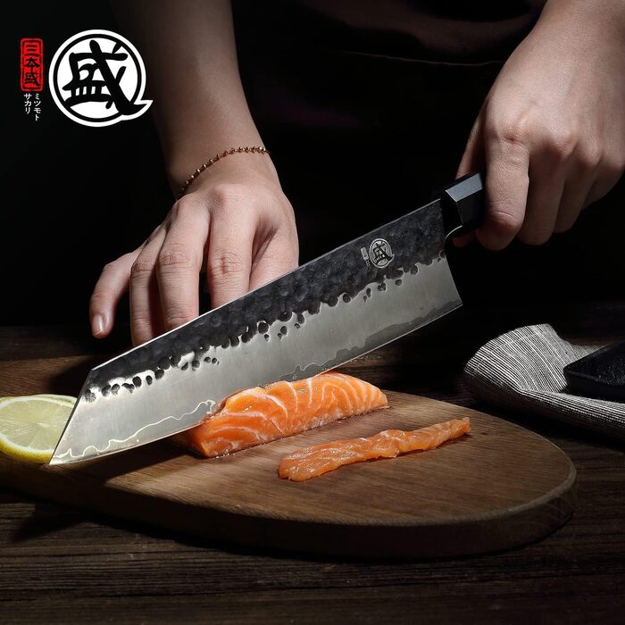 Японський ніж MITSUMOTO SAKARI Santoku 19 см з ручкою з рожевого дерева та Kiritsuke 23 см, ручне кованість, високоякісна сталь