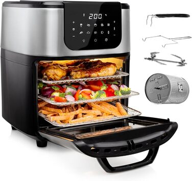 Princess Aerofryer Oven Deluxe - 11 Liter Capacity; 1800W; 65-200°C; 10 Programs; incl. Rotating Basket, Rotisserie Spit, 3 Baking Sheets, Crumb Tray, Handle, 182075, Black/Silver REGULAR 11L