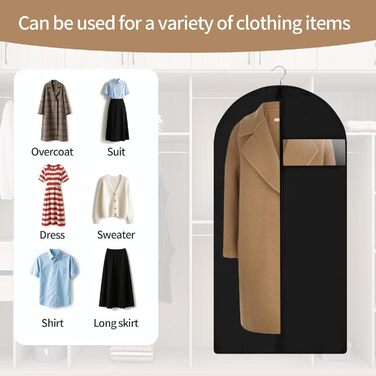 4 місткі мішки для одягу, 120 x 60 см, чорні, з блискавкою, для зберігання одягу та захисту від пилу