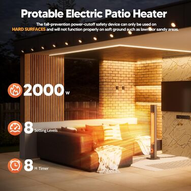Інфрачервовий обігрівач для тераси 2000W, стельовий обігрівач, обігрівач для вулиці з 8 рівнями нагріву, таймером 8H, вуглецевим волокном, для тераси, балкону, внутрішнього та зовнішнього використання
