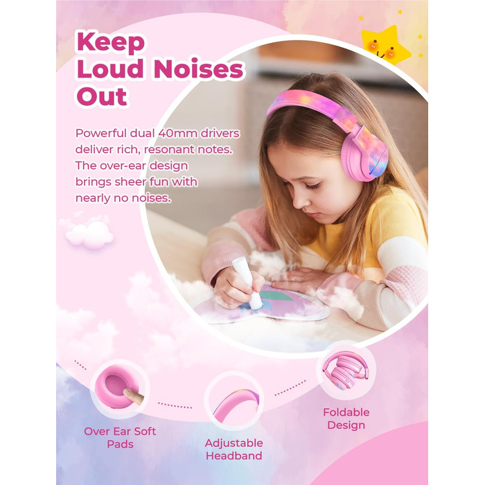 iClever Бездротові навушники для дітей з LED-підсвіткою, Over-Ear, Bluetooth 5.2, мікрофон, BTH12 (Tie-dye рожевий)