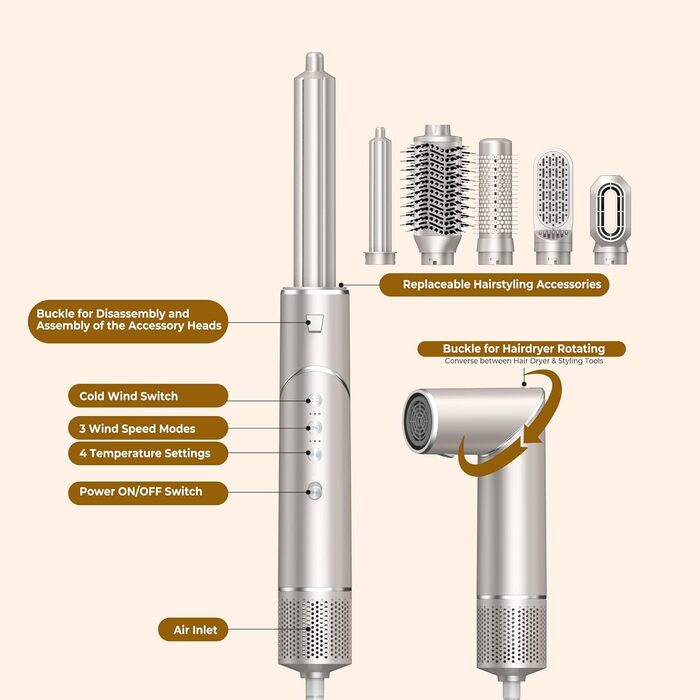 UKLISS 8-в-1 Pro Airstyler: Фен-щітка, локони, стайлер для волосся. Потужність 1400W, 110,000RPM, комплект для створення зачісок. Подарунок для жінок