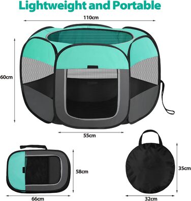 Клітка-забіг для цуценят, вольєр для собак та котів, портативна клітка-забіг для тварин, водовідштовхувальне полотно Oxford, з сумкою для перенесення, для дому, вулиці, кемпінгу (Білий, Зелений, L(110x110x60cm))