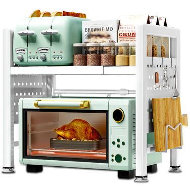 Підставка для мікрохвильової печі, 2-рівнева, розширювана 40-65см, з 6 гачками, для кухонного ножа, біла