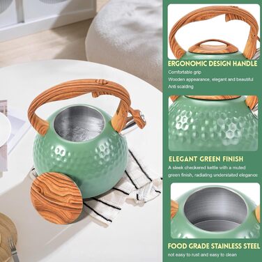 Чайник для плити GGC об'ємом 3,1 л / 3 л з свистком, для води, кави або молока, колірний градієнт сірий/чорний, з дерев'яною ручкою, нержавіюча сталь, для дому