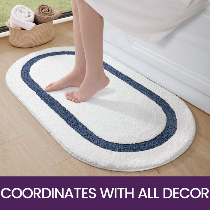 DEXI Non-Slip Bathroom Rug - Soft, Washable Bath Mat - Oval Absorbent Rug for Shower, Bathtub, Toilet Decor (61 x 110 cm, Blue)