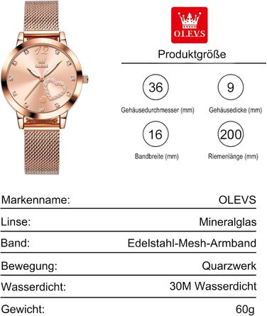 Годинник жіночий OLEVS Roségold: стильні годинники з рожевого золота з діамантовим серцем, водонепроникні, з мікросітчатим ремінцем