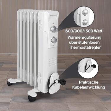 Електричний масляний радіатор Clatronic RA 3735 | 1500 Вт, 7 ребер | Обігрівач до 30 м² | 3 режими нагріву | Slimline дизайн
