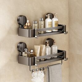 Поличка для душу без свердління, кутова поличка для ванної кімнати з присосками, корзина для душу з тримачем для рушників та знімними гачками (2 шт., сіра) (Прямокутна – 2 шт.)