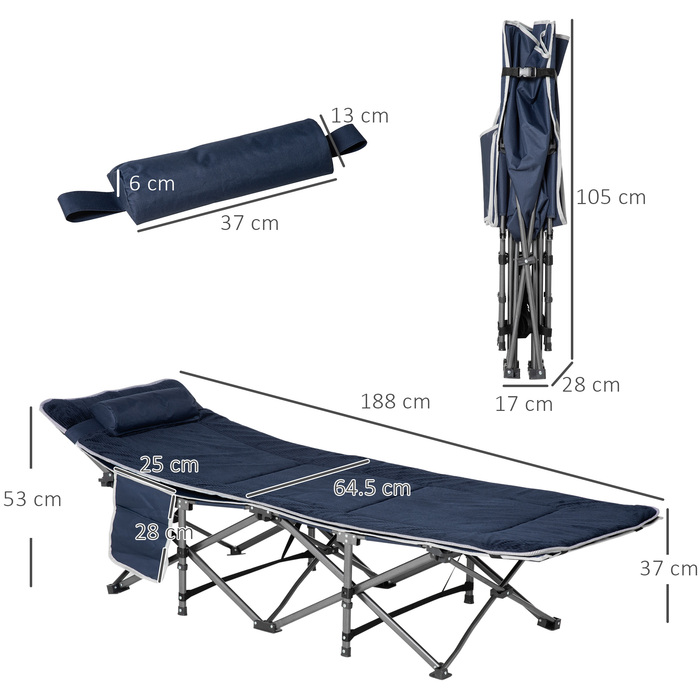 Outsunny Folding Camping Bed, Folding Field Bed, with Pillow, Side Pocket, Mattress, Guest Bed, Supports up to 150 kg, Travel, Outdoor, Oxford, Dark Blue, 188 x 64.5 x 53 cm | Aosom