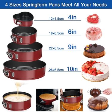 Форма для випічки Tonsooze Springform: 12/18/22/26 см, з антипригарним покриттям, з насадками та силіконовою формою для мафінів, червона