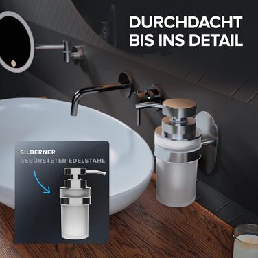 ovimar Soap Dispenser Kegnaes | Silver | Wall Mounting without Drilling | Made of Stainless Steel and White Glass | Extra Large Opening, Easy to Refill | For Bathroom or Kitchen | Hand Sanitizer Dispenser