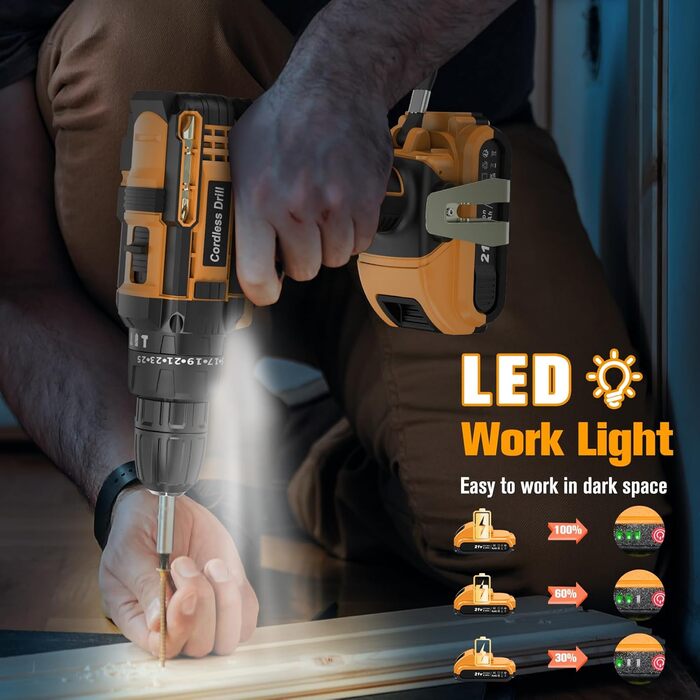 Акумуляторний шуруповерт AKZWOXRO 21V з 2 акумуляторами 2.0Ah, 42Nm, 2 швидкості, 25+3 ступені крутного моменту, патрон 10мм, LED ліхтик, 30-ти елементний набір для дому та саду, DIY проєкти