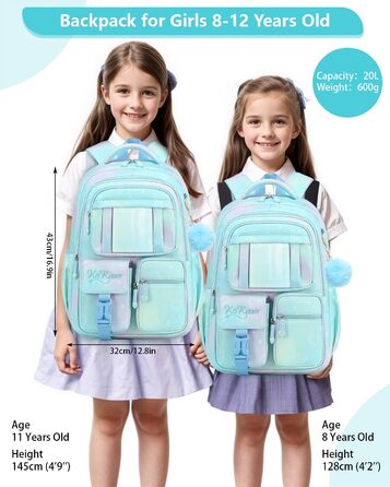 Рюкзак для дівчинки Tanou - шкільний ранець для 1-4 класів, дихаючий, водовідштовхуючий, нейлон, блакитний