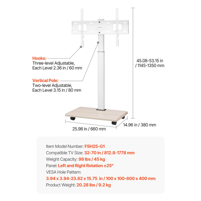 Підставка для телевізора VEVOR на колесах, телевізійна візок для телевізорів 81-178 см (812,8-1778 мм), до 45 кг, поворот 25° вліво/вправо, регульована по висоті, з полицею для кута спальні/вітальні (макс. 600 x 400 мм)