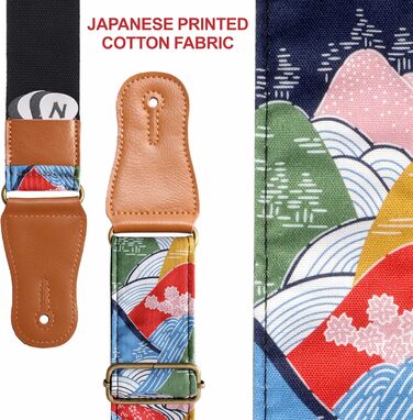 Японський гітарний ремінь Nefelibata з бавовни для акустичної гітари, укулеле, адаптер для голівки грифа в подарунок, медіатори та замок для ременя, регульована довжина 38'-64' (Бурхливі гори)