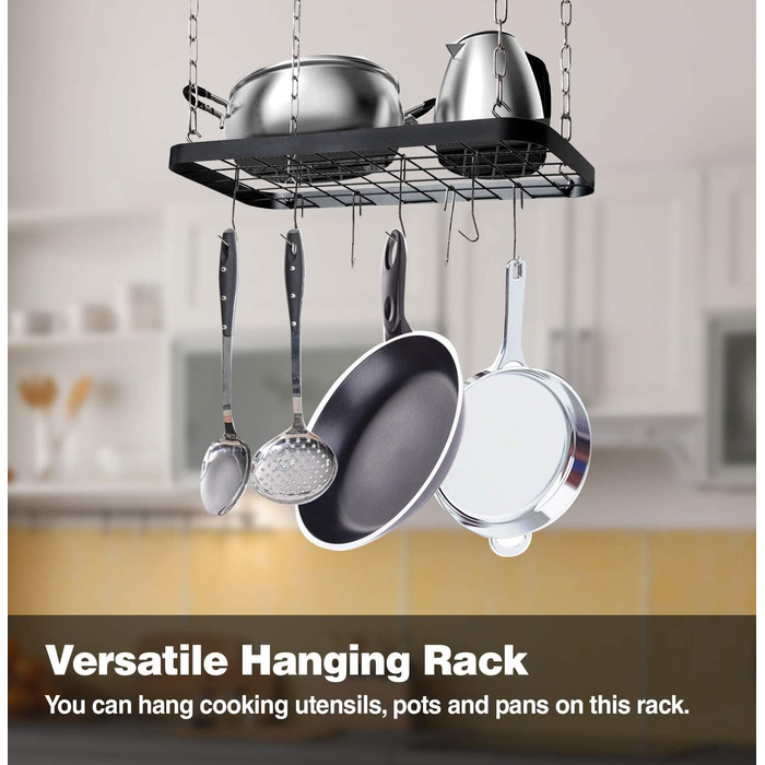 Jackcube Design MK397B Hanging Pots and Pans Organizer, Ceiling/Wall Mount, Grid, Kitchen, Pot, Storage Shelves for Utensils, Cookware with 8 S-Hooks (62 x 30 x 3 cm)