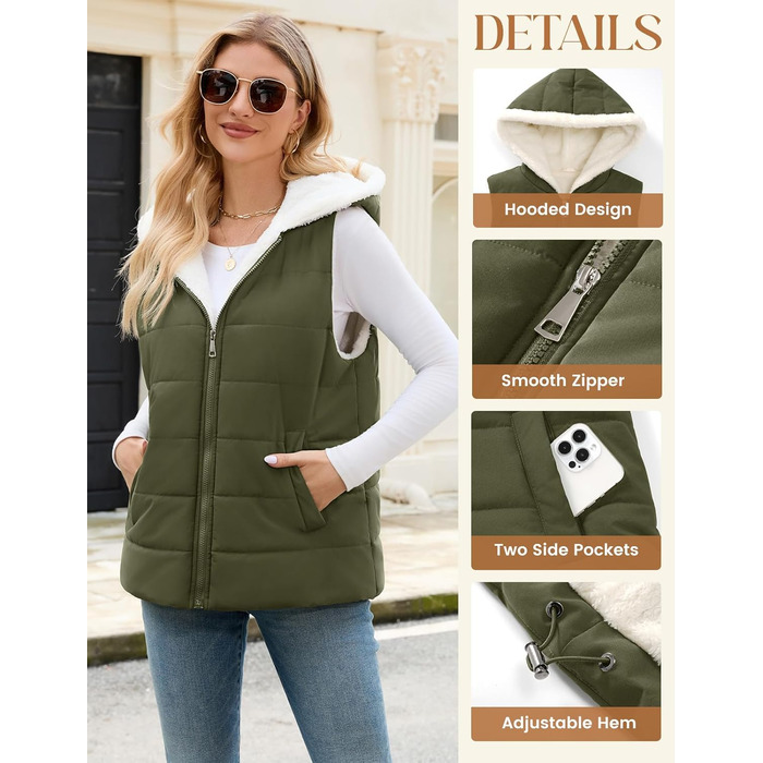 Жіноча тепла степкова жилетка Yuson з капюшоном, без рукавів, на осінь-зиму, військовий колір, розмір L