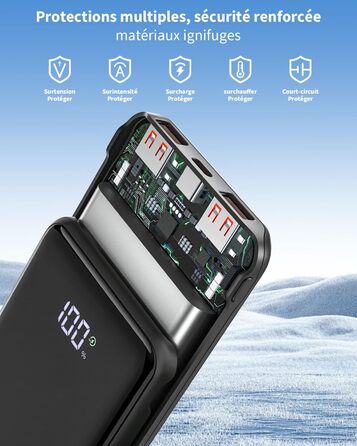 Портативний зарядний акумулятор Power Bank 20000mAh з швидкою зарядкою 22.5W, LCD дисплеєм, 1 USB-C, 2 USB-A для iPhone 17/16/15/14/13 та смартфонів, чорний