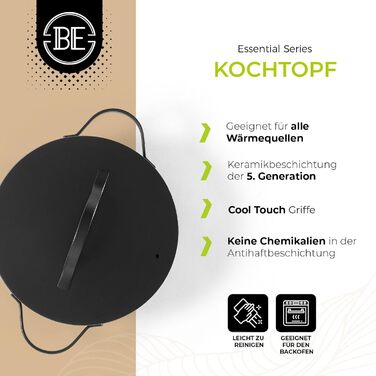 Каструля Be Living Essential з кришкою, 24 см, 7 л, антипригарне покриття Keramik Antihaft, для індукційних плит, без PTFE та PFOA, чорна