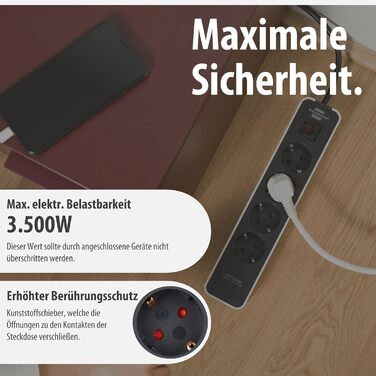 Брененштуль Розподільник розеток Ecolor 4-фазний з USB (білий/чорний) з вимикачем, 1.5м кабель, 4 розетки та 2 USB-порти (USB-C)