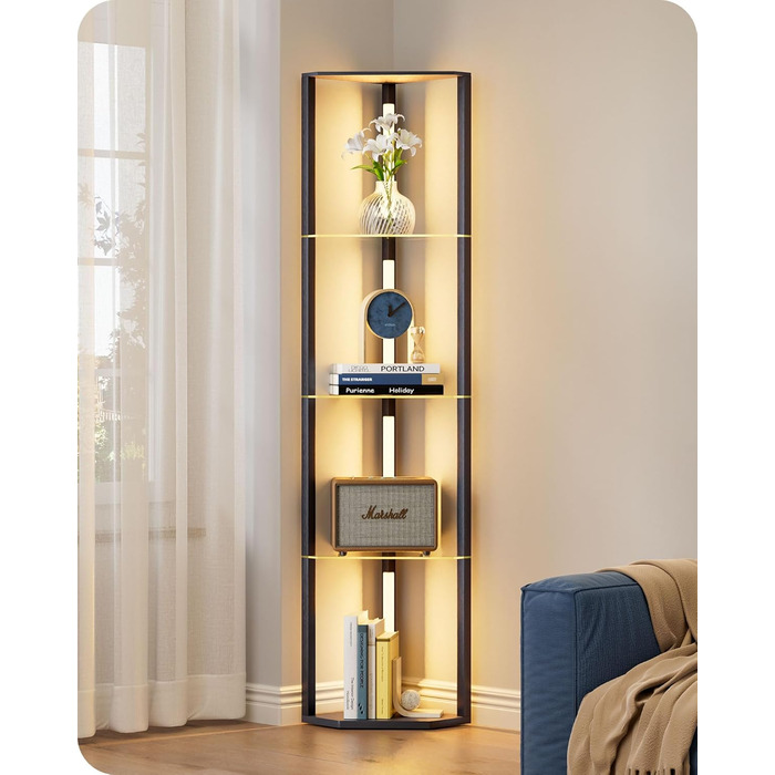 Стійка лампа EDISHINE з 4 полицями з дерева, LED диммер, 3 колірні температури, поворотний світловий маніпулятор, підсвічування полиць, футовий вимикач (чорний+скло)