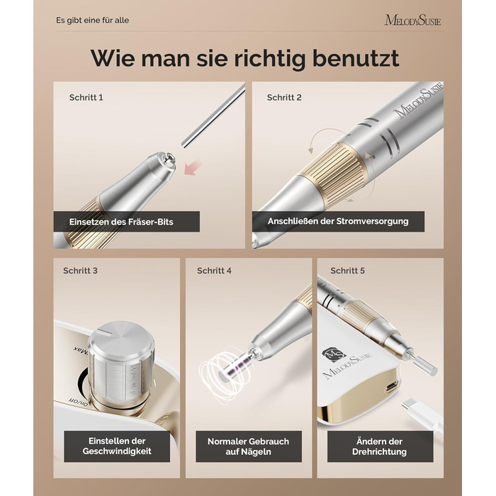 Електрична фрезер для нігтів MelodySusie SC320F – професійний бездротовий апарат для манікюру, 30000 обертів, для акрилу, гелю, полірування та видалення, набір для салону та дому (білий/золотий)