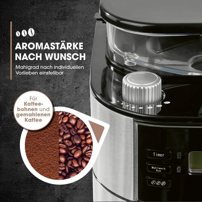 Кавомашина Barista Filterkaffeemaschine з регульованим млинком та термокружка | Функція підігріву, таймер 24 год та перманентний фільтр | Для 10 чашок кави | Кавомашина для зерен та меленої кави [Нержавіюча сталь] 5) Нержавіюча сталь - термокружка - з мли