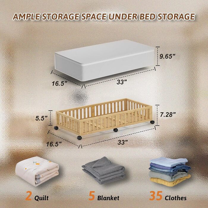 Контейнери для зберігання під ліжком з бамбука, 2 шт, великі, для ковдр, одягу, взуття, органайзер для спальні, дитячої кімнати, з роликами, Nature 2 шт (33.07'×16.54')