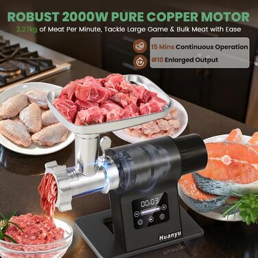 М'ясорубка електрична Huanyu 2000 Вт з сенсорним керуванням, багатофункціональна з 2 ножами та 3 дисками