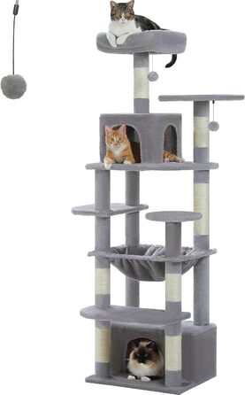 PAWZ Road Дряпка для котів велика, стабільна, 184 см, з гамаком, 7 стовпчиків для дряпання, велика полиця, кошик, для великих котів, сірий (M)