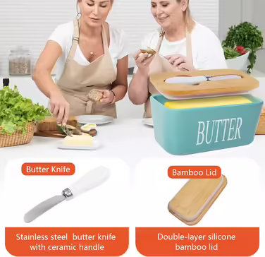 Porcelain butter dishes with lid, airtight silicone butter box, butter container for butter, nuts, cheese, sky blue + butter spreader