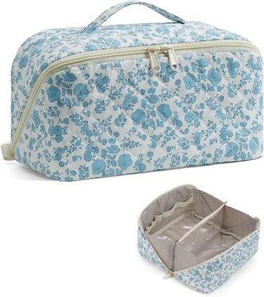 Косметичка для подорожей Wandering Nature для жінок з відділенням для пензликів, водонепроникна, велика, з перегородкою та ручкою (блакитна квітка)