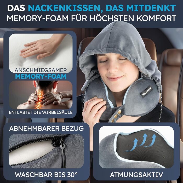 Подушка для шиї Comfy від HELDENWERK для подорожей: Memory Foam, 6-позиційне регулювання, для автомобіля та літака, дихаюча, миється, сірий