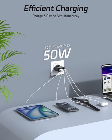 Мережевий адаптер USB C 50W 5 портів (2 USB C + 3 USB A) для iPhone, iPad, Samsung Galaxy, Google - білий/чорний