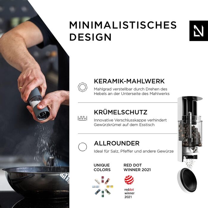 LARS NYSØM Salt and Pepper Mill Set made of Stainless Steel with Adjustable Ceramic Grinder 2 Pieces | Manual Spice Mills with High-Quality Design (2 pcs) (Pure White)
