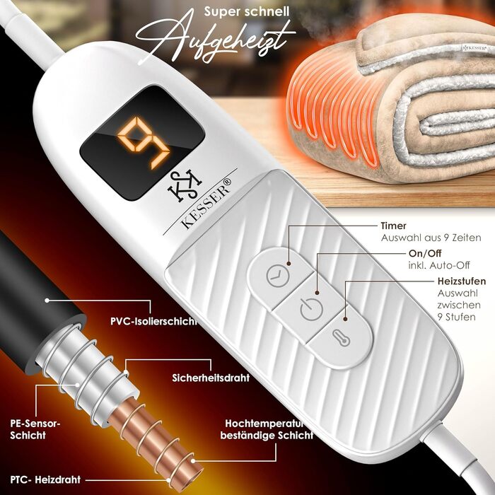 Електрична грілка KESSER® 200x180 см з автовимкненням | Двостороння, 9 температурних режимів, з таймером та цифровим дисплеєм | Підходить для ліжка та дивана | Можна прати до 40°C
