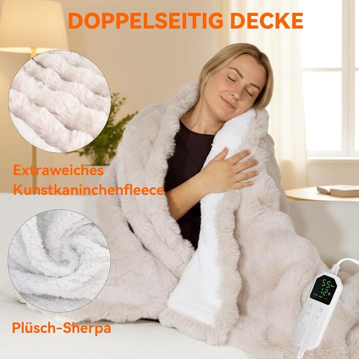 Електрична гріюча ковдра Warmfay з автоматичним вимкненням, 180 × 130 см, штучне хутро, теплий фліс, 8 режимів нагріву, таймер 1-12 годин, пральна, м'яка ковдра для ліжка та дивана - кольору абрикос