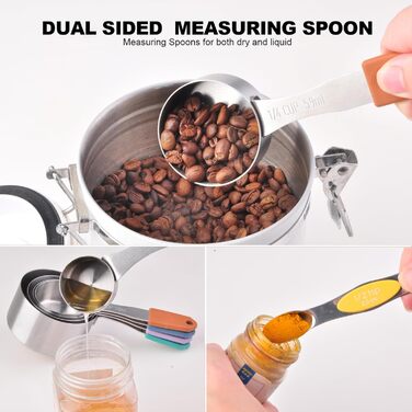 Magnetic measuring cup and spoon set, stainless steel, 5 cups and 7 spoons, with leveler (multicolored)