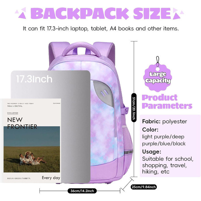 Шкільний рюкзак для підлітків 46L, рюкзак для школи, гімназії, старшої школи з нагрудним ременем, світловідбиваючими елементами, відділенням для 17.3' ноутбука, міцний, повсякденний, фіолетовий - 5255