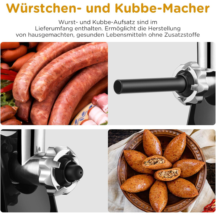 AAOBOSI #12 Heavy-Duty Electric Meat Grinder - 3000W, 2 Blades, 4 Plates, Sausage Maker Kit, Kibbeh Attachment, Burger Press