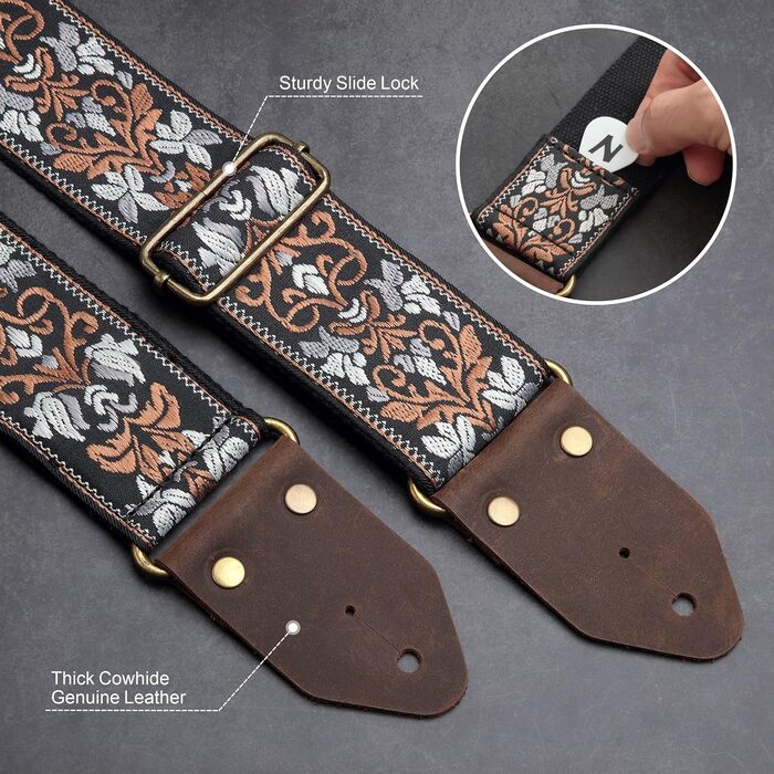Гітарний ремінь Nefelibata з жаккардової бавовни з шкіряними кінцями Crazy Horse для бас-гітари, електрогітари та акустичної гітари, подарунок для дітей, гітаристів, ретро коричнева квітка