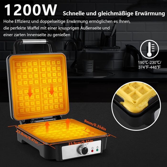 YASHE Belgian Waffle Maker - 4 Square Waffle Plates, 1200W, Non-Stick Coating, Adjustable Browning Control, Overflow Prevention, Silver/Black