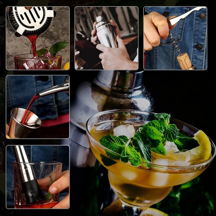 Набір для коктейлів 750 мл, 16 предметів - професійний барний набір з нержавіючої сталі на бамбуковій підставці, срібний