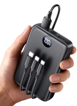 Повербанк 40000mAh з LED-дисплеєм та вбудованими кабелями 3-в-1, швидка зарядка для iPhone 17/16/15, Samsung, iPad, компактний зовнішній акумулятор для подорожей (чорний)