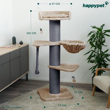 HAPPYPET Преміум Дряпак для котів 'Купер' – 150 см, великий, з натурального сизалю, для Мейн-куна, товщина стовпів 20 см (капучино)